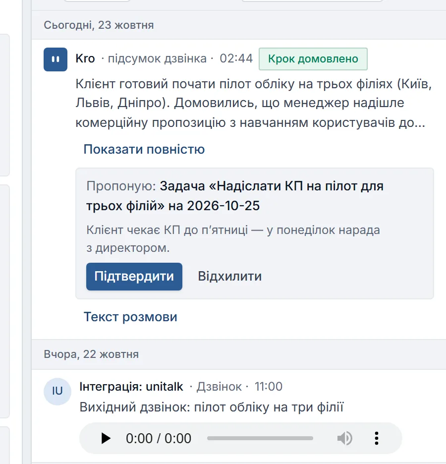 Стрічка картки угоди: запис Kro «підсумок дзвінка» з позначкою „Крок домовлено“, підсумком розмови й блоком «Пропоную:» (задача «Надіслати КП на пілот для трьох філій», «Підтвердити» й «Відхилити»), під ним «Текст розмови» і сам дзвінок UniTalk із плеєром запису.