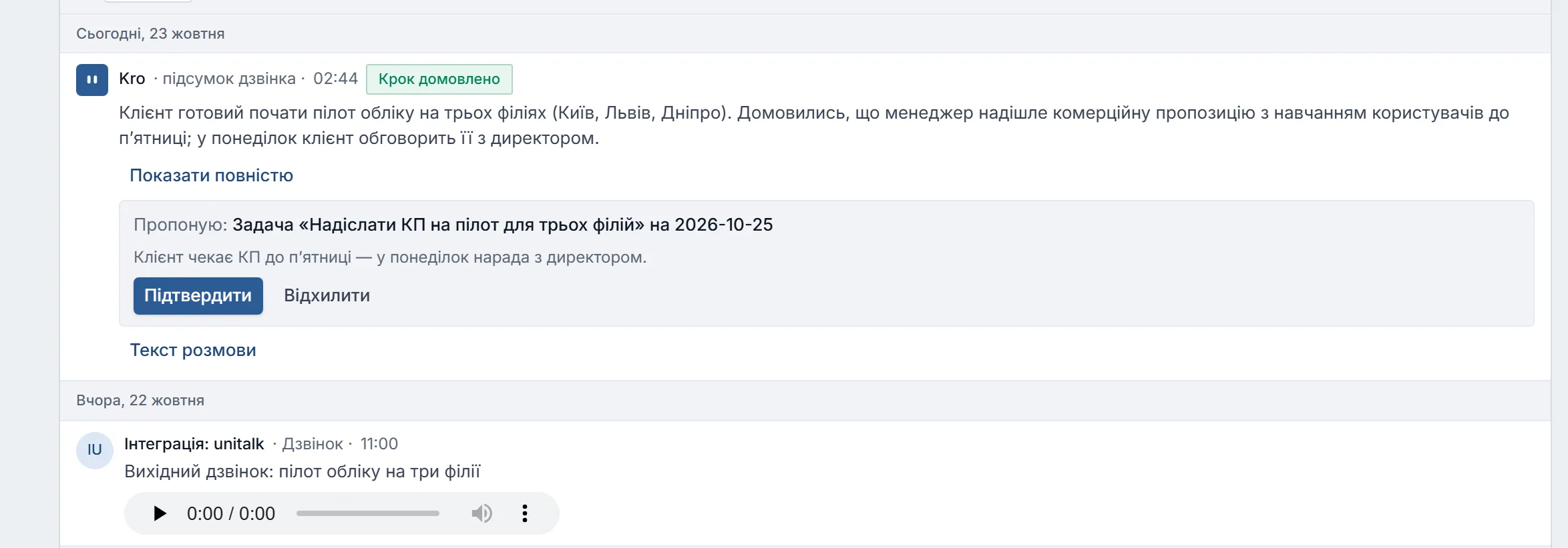 Стрічка контакту: запис Kro «підсумок дзвінка» з позначкою „Крок домовлено“ і коротким підсумком розмови, під ним блок «Пропоную:» — задача «Надіслати КП на пілот для трьох філій» з поясненням, кнопки «Підтвердити» й «Відхилити», нижче «Текст розмови».