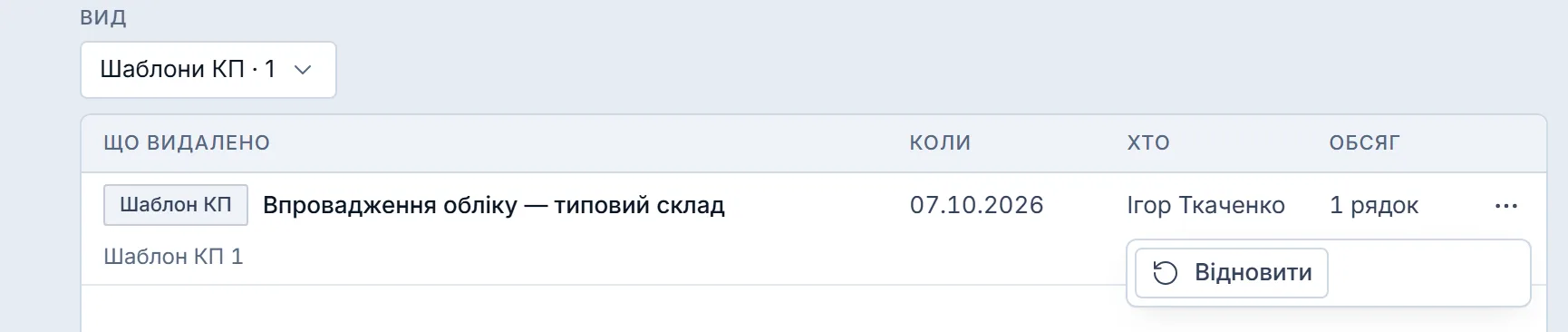 «Кошик» з видом «Шаблони КП · 1»: видалений шаблон «Впровадження обліку — типовий склад», коли, хто й обсяг; меню «⋯» рядка відкрите з пунктом «Відновити».