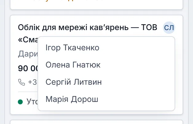 Список людей компанії під ініціалами відповідального на картці угоди: Ігор Ткаченко, Олена Гнатюк, Сергій Литвин, Марія Дорош.