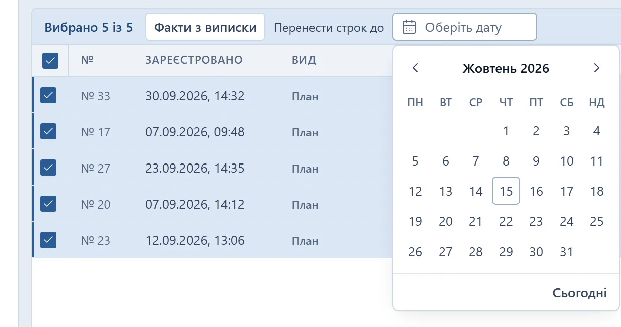 Ті самі три позначені плани (№ 27, 20 і 23) і відкритий календар поля «Перенести строк до»: «Жовтень 2026» із позначеним сьогоднішнім днем і кнопкою «Сьогодні».