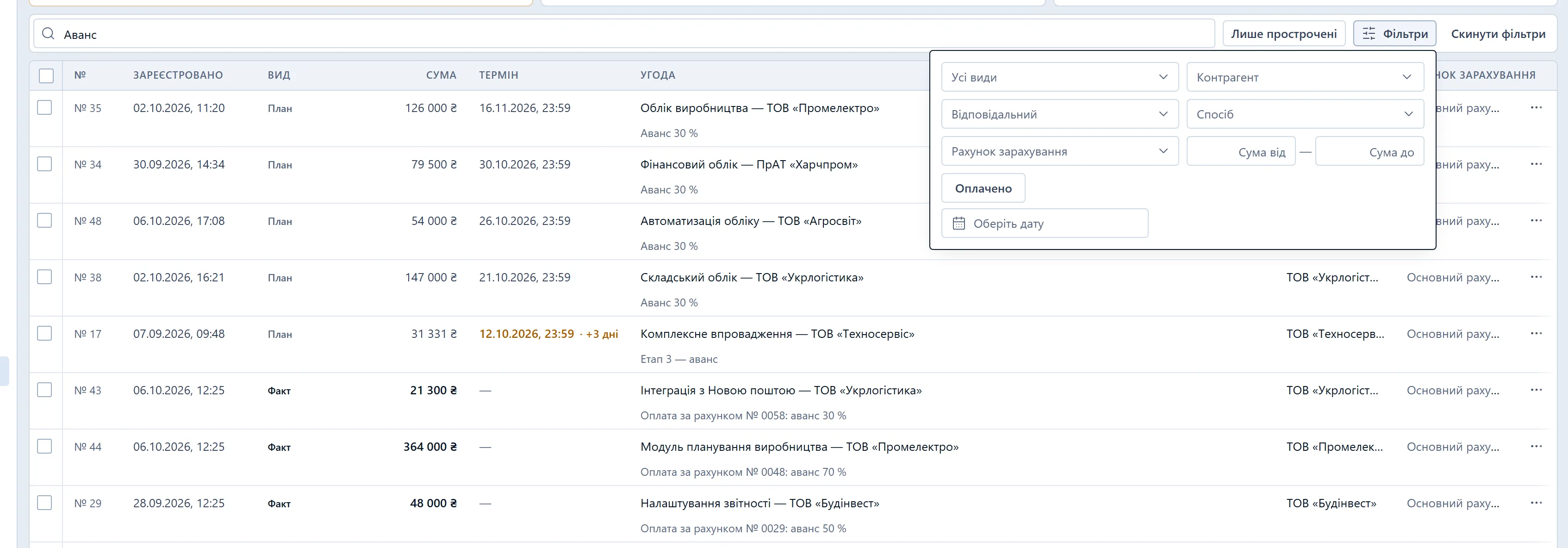 Пошук «Аванс» знайшов і плани, і факти: слово з коментаря видно під рядком («Аванс 30 %», «Етап 3 — аванс», «Оплата за рахунком № 0058: аванс 30 %»).