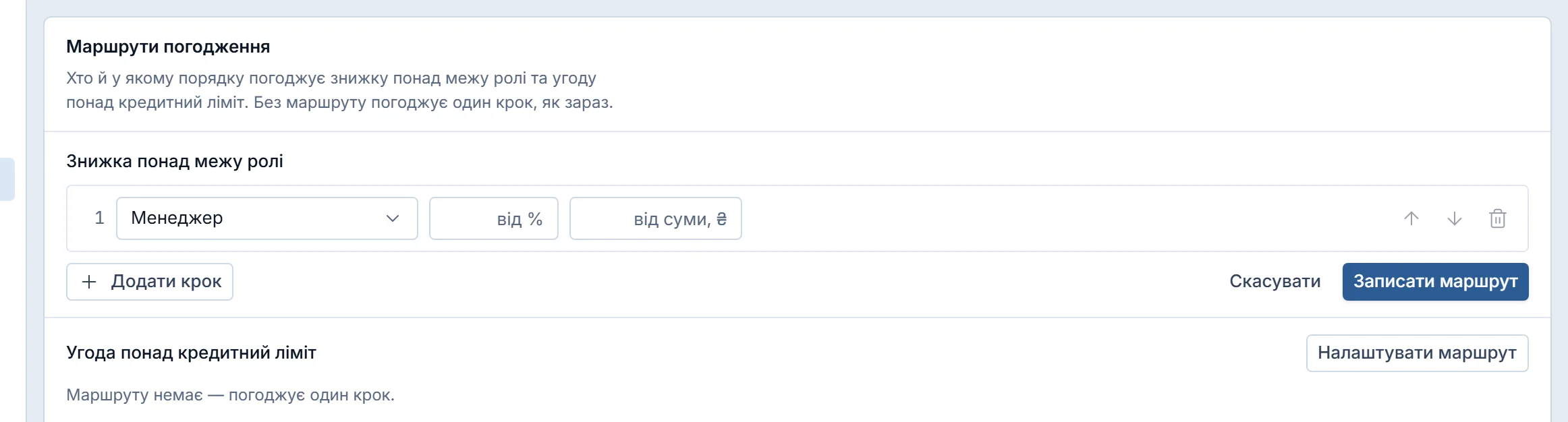 Вкладка «Налаштування», блок «Маршрути погодження»: для «Знижка понад межу ролі» відкрито редактор — крок 1 «Менеджер» із порогами «від %» і «від суми», «Додати крок», «Скасувати» й «Записати маршрут»; для «Угода понад кредитний ліміт» маршруту немає — погоджує один крок.
