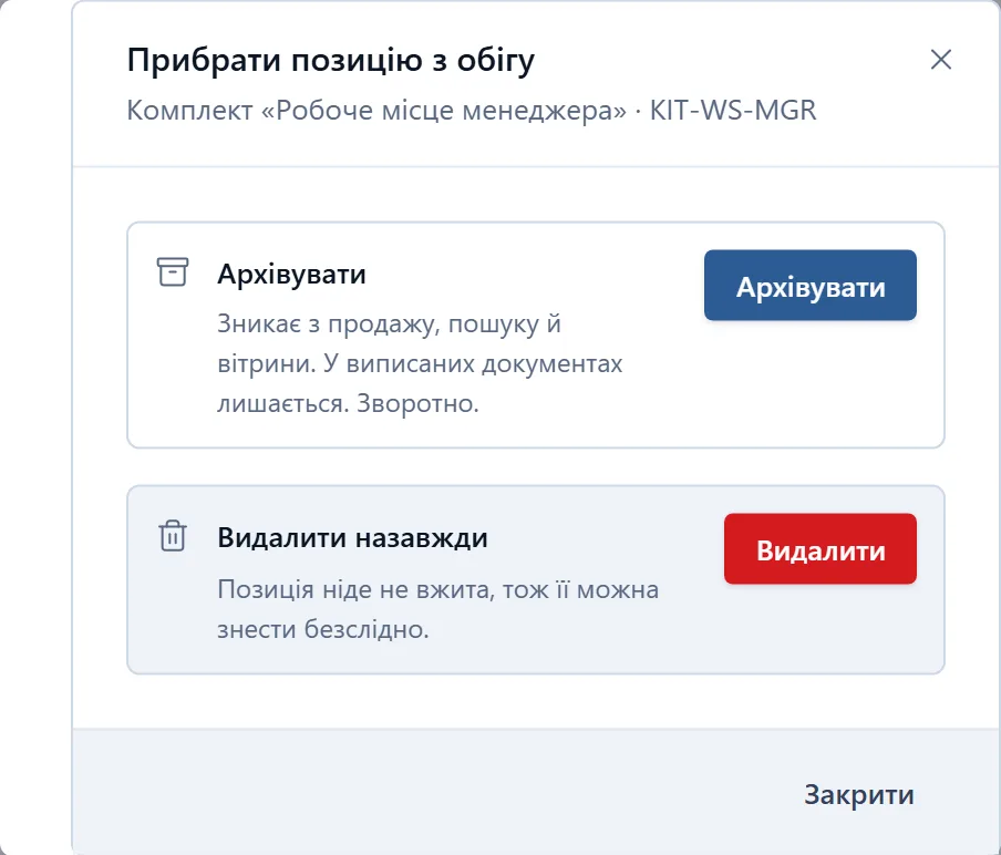 Вікно «Прибрати позицію з обігу» для комплекту «Робоче місце менеджера»: «Архівувати» — позиція зникає з продажу, пошуку й вітрини, у виписаних документах лишається, дію можна повернути; «Видалити назавжди» — доступне, бо позиція ніде не вжита.