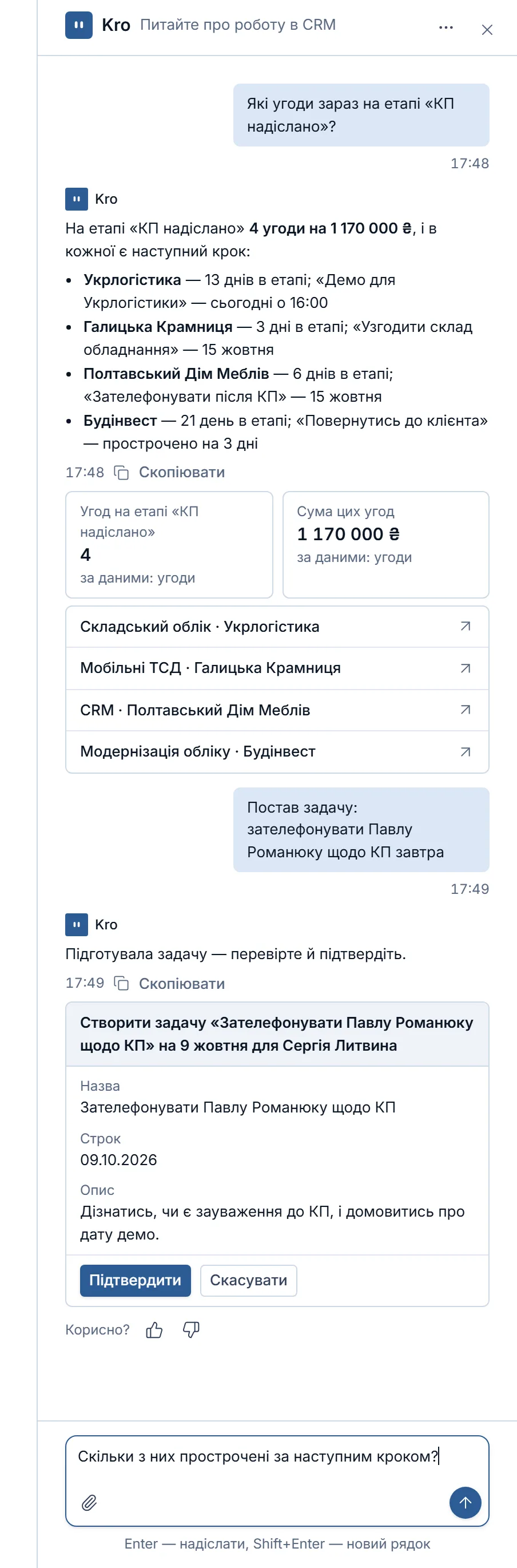 Панель Kro праворуч: розмова про угоди етапу «КП надіслано» — відповідь із двома показниками й посиланнями на угоди, нижче картка дії «Створити задачу…» з кнопками «Підтвердити» і «Скасувати».